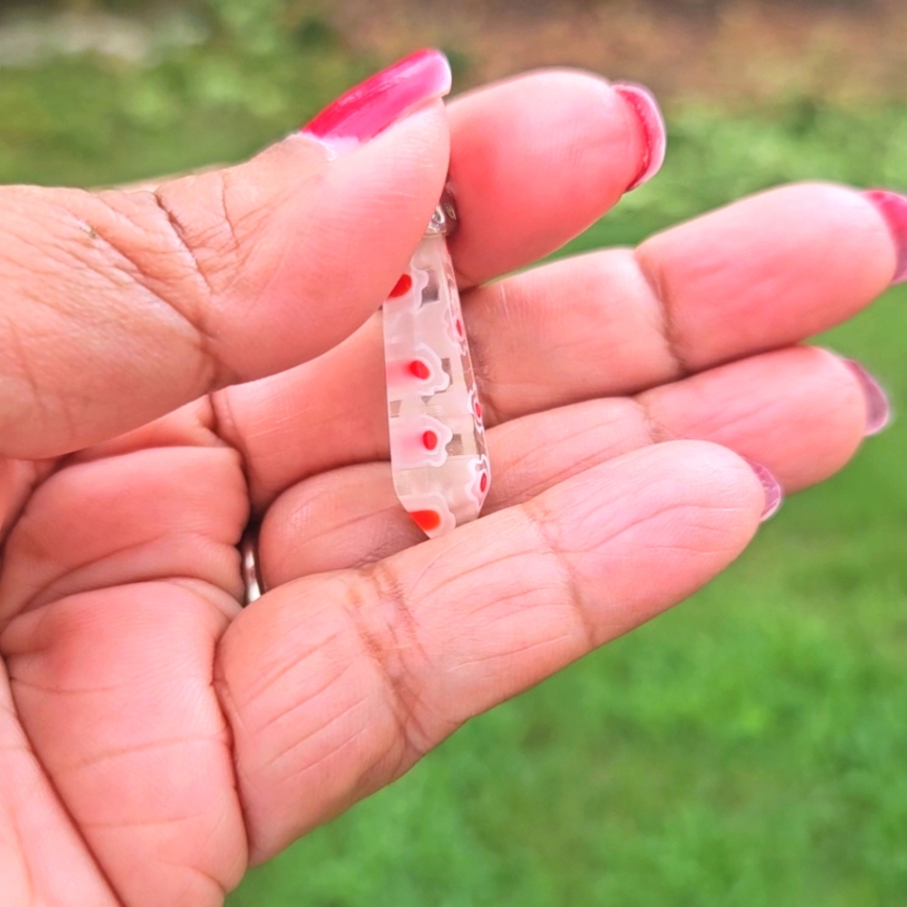 Artisan White and Red Inlaid Millefiori Glass Hexagon Point Pendant Reiki Amulet